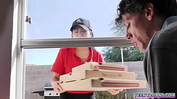 Hot pizza delivery girl Ember Snow fucked in a 3some